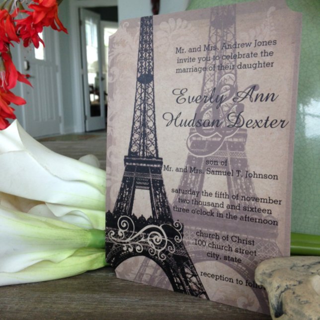 Invitación Romántica Torre Eiffel Shadows Damask Wedding (Subido por el creador)