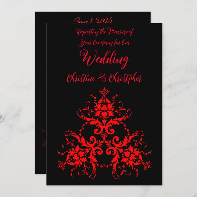 Invitación Romántica y elegante matrimonio de damasco rojo vi (Anverso / Reverso)