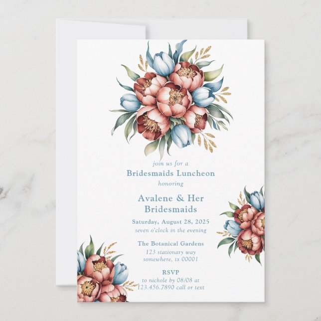 Invitación Románticas Peonies & Tulips Bridesmaids Luncheon (Anverso)