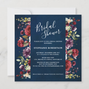 Invitación Romántico acuarela burgundy rojo rosa naval floral