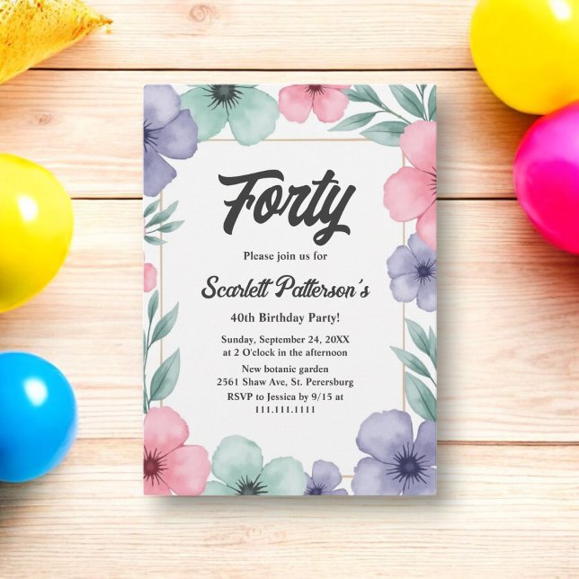 Invitación Romántico acuarela Floral Rustic 40 cumpleaños (Subido por el creador)