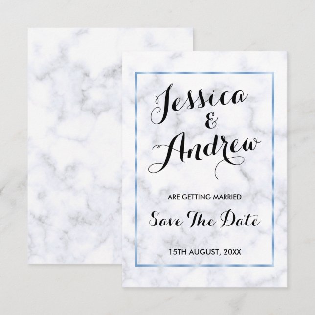 Invitación Romántico Ahorro de Fecha de Boda de Mármol Azul (Anverso / Reverso)