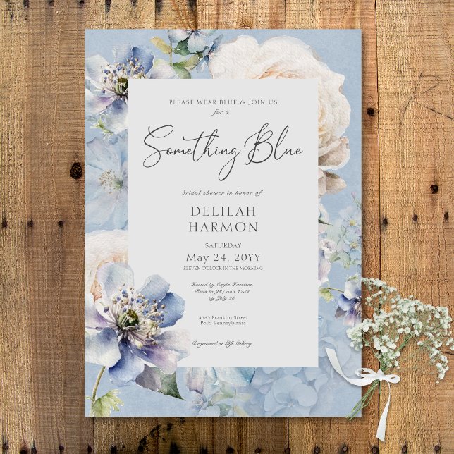 Invitación Romántico Algo Floral Azul Ducha De Novias (Romantic Something Blue Floral Bridal Shower Invitation)