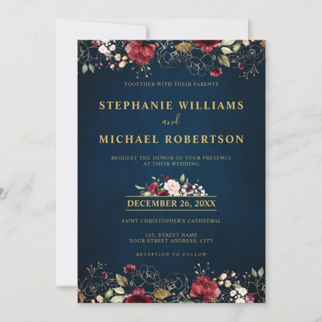 Invitación Romántico Aquarela Rojo Burdeos Navy Oro Floral (Anverso)