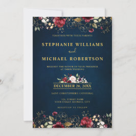 Invitación Romántico Aquarela Rojo Burdeos Navy Oro Floral