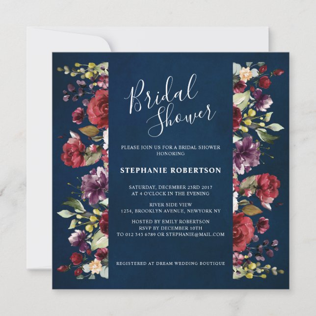 Invitación Romántico Aquarela Rojo Burdeos Rosa Naval Floral (Anverso)