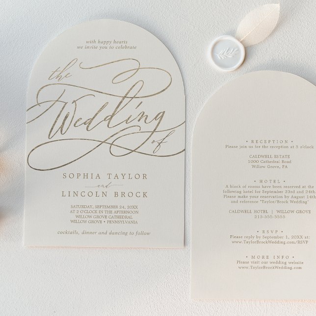 Invitación Romántico Arco De Marfil De Oro En Un Boda (Romantic Gold Ivory Boho Arch All In One Wedding Invitation)