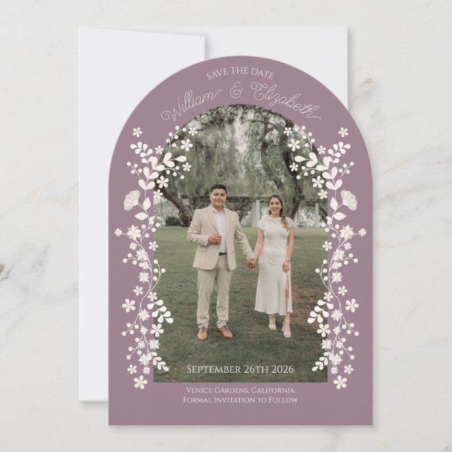 Invitación Romántico Arco Floral de Lavanda Polvorienta Ahorr (Anverso)