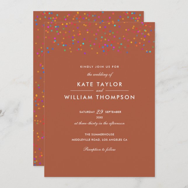 Invitación Romántico arcoiris Confetti Terracotta Boda (Anverso / Reverso)