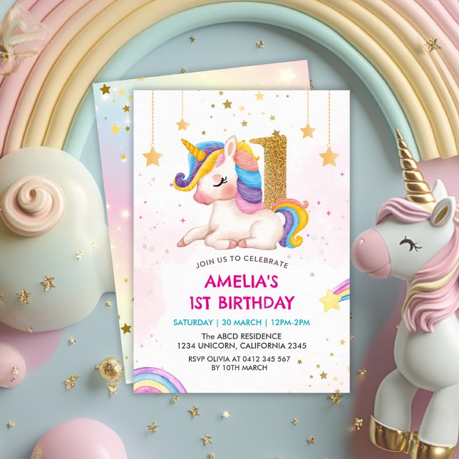 Invitación Romántico arcoiris unicornio Primer fiesta de cump (Subido por el creador)