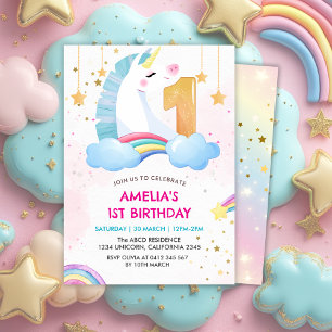 Invitación Romántico arcoiris unicornio Primer fiesta de cump