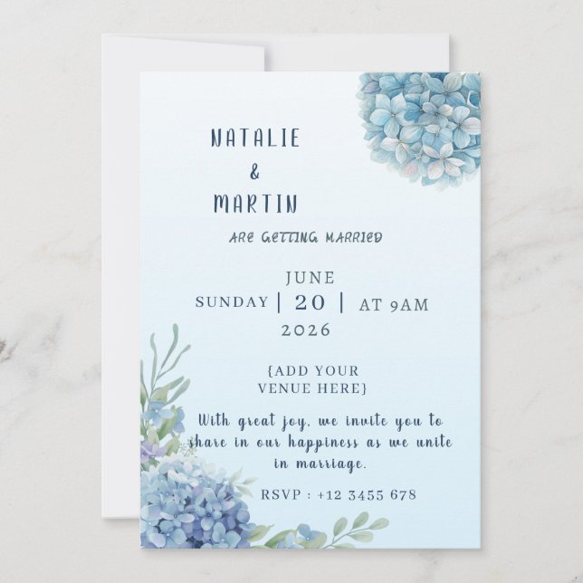 Invitación Romántico azul polvoriento Hydrangea Aquarela Boda (Anverso)