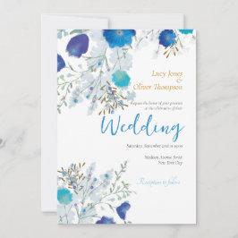 Invitación Romántico, azul y oro, Boda floral