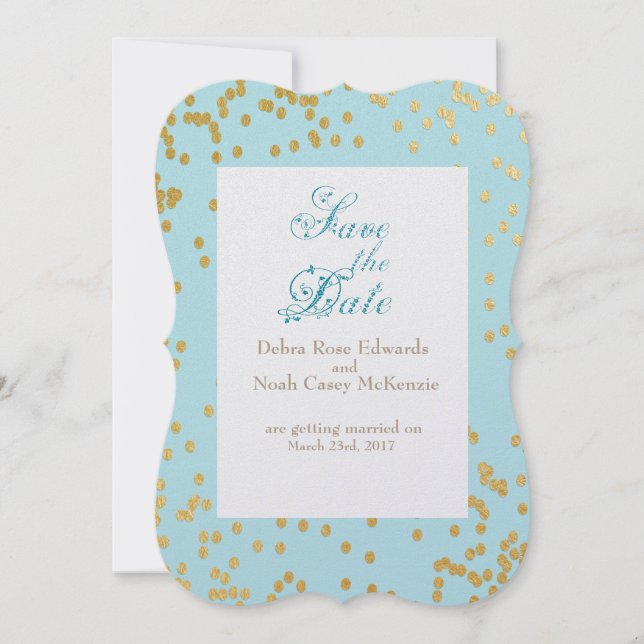 Invitación Romántico azul y oro confeti Save The Date (Anverso)