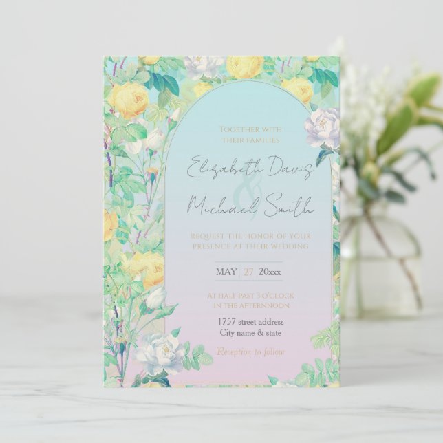 Invitación Romántico blanco amarillo rosa floral Diseño (Anverso de pie)
