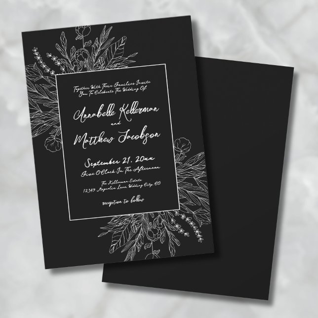 Invitación Romántico Blanco Blanco Botánico Elegante Boda (Romantic Black White Botanical Elegant Wedding Invitation)