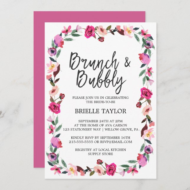 Invitación Romántico Blossom Wreath Brunch & Bubbly (Anverso / Reverso)