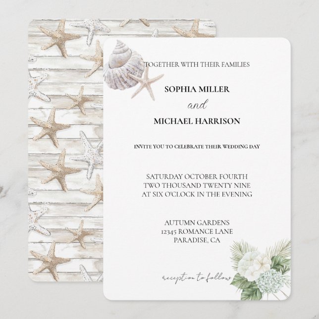Invitación Romántico Blue Hydrangea Floral Beach Wedding (Anverso / Reverso)