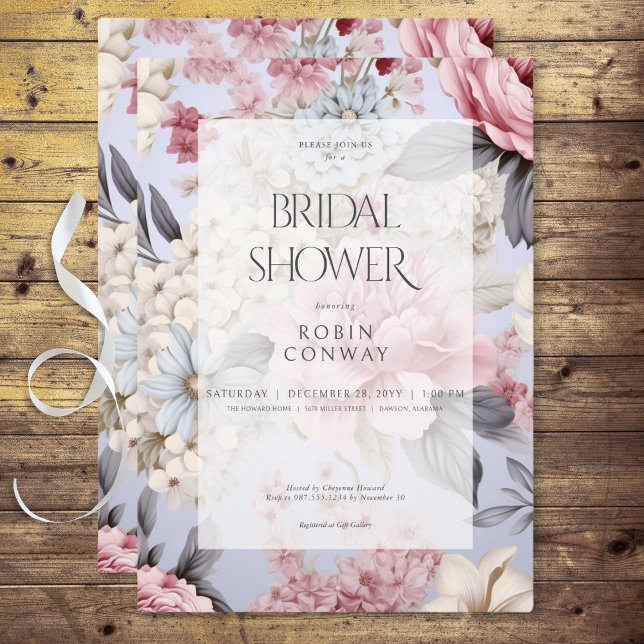 Invitación Romántico Blue Pink & White Floral Bridal Shower (Romantic Blue Pink & White Floral Bridal Shower Invitation)