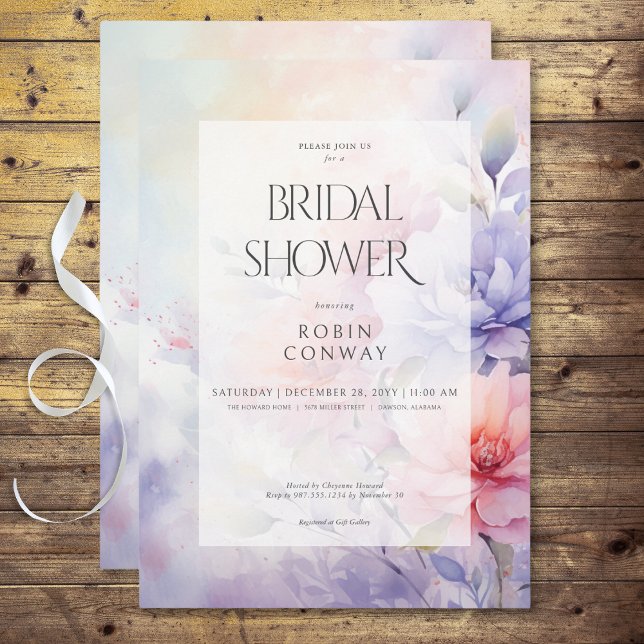 Invitación Romántico Blue Purple & Pink Floral Bridal Brunch (Romantic Blue Purple & Pink Floral Bridal Shower Invitation)