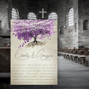 Invitación Romántico Boda de árbol de hojas de corazón púrpur