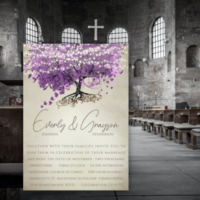 Invitación Romántico Boda de árbol de hojas de corazón púrpur (Subido por el creador)