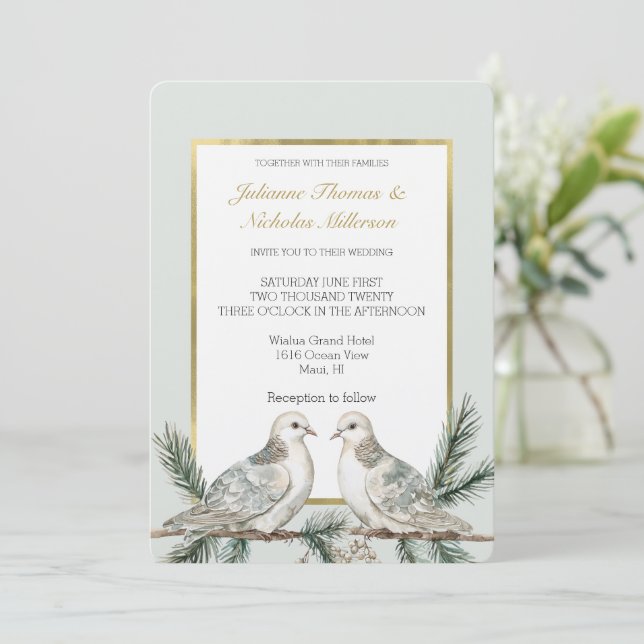 Invitación Romántico Boda de Aves de Oro Blanco Rústico Verde (Anverso de pie)