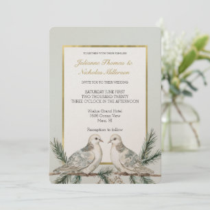 Invitación Romántico Boda de Aves de Oro Blanco Rústico Verde