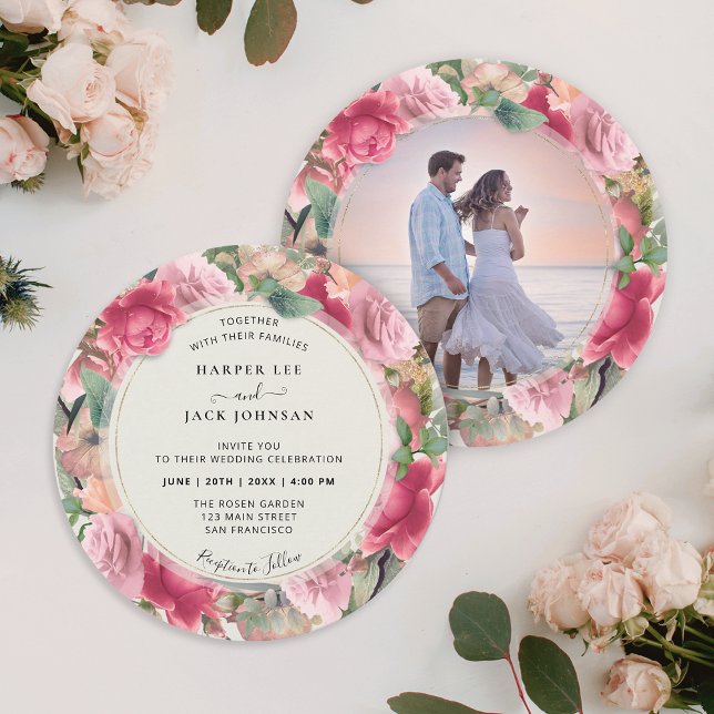Invitación Romántico Boda de Círculo de Fotos Florales Rosa d (Romantic Blush Pink Floral Photo Circle Wedding Invitation)