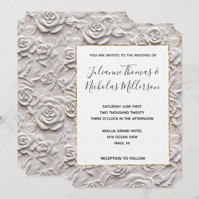 Invitación Romántico Boda de cuero falso de rosas blancas (Anverso / Reverso)