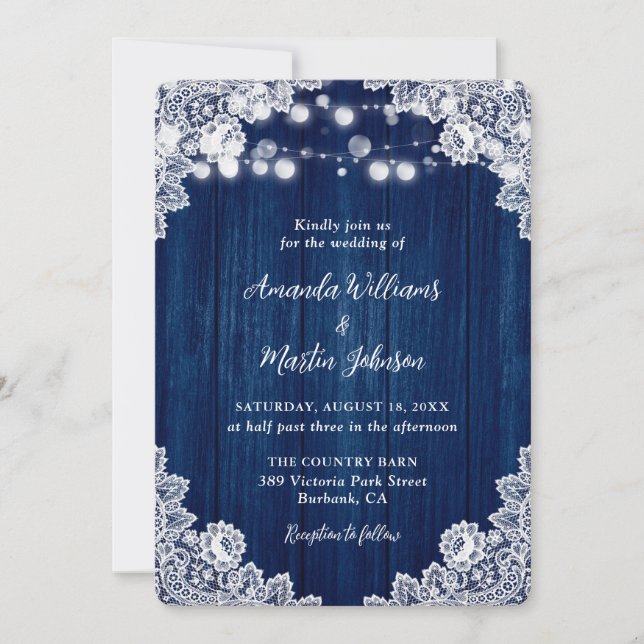 Invitación Romántico Boda de encaje de madera azul de la mari (Anverso)