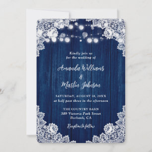 Invitación Romántico Boda de encaje de madera azul de la mari