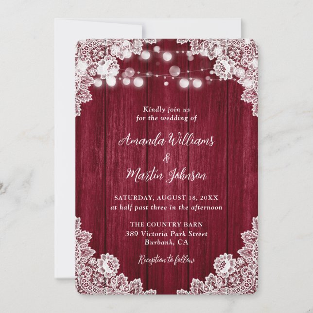 Invitación Romántico Boda de encaje de madera de Borgoña (Anverso)
