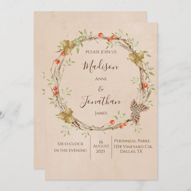 Invitación Romántico Boda de escritura floral Wreath Greenery (Anverso / Reverso)