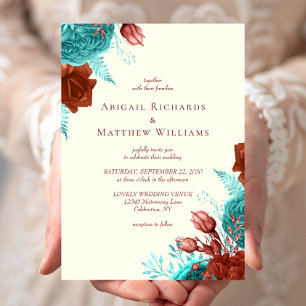 Invitación Romántico Boda de Floral de marfil de color turque