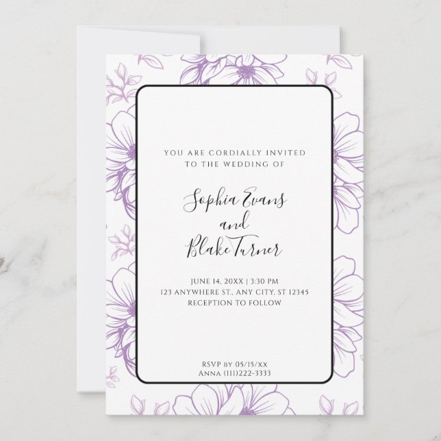 Invitación Romántico Boda de Flores de Línea Púrpura Simple (Anverso)