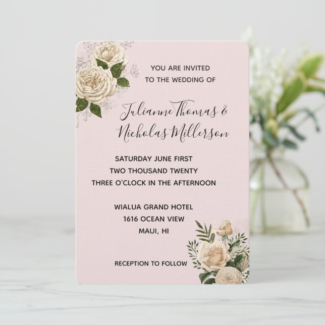 Invitación Romántico Boda de flores de marfil rosa de Rubor (Anverso de pie)