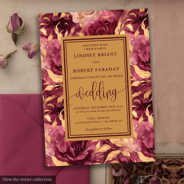 Invitación Romántico Boda de flores Red Gold (Romantic Luxury Deep Red Gold Floral Wedding Invitation)