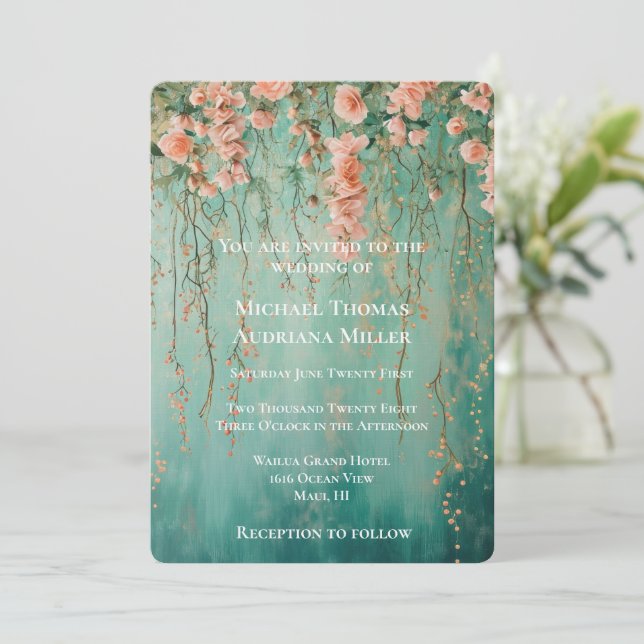 Invitación Romántico Boda de flores Verde azuladas de Rubor (Anverso de pie)