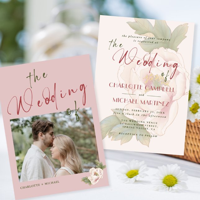 Invitación Romántico Boda de fotos con flores de peones rosad (Subido por el creador)