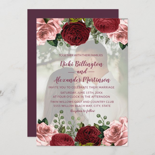 Invitación Romántico Boda de fotos con flores rosadas de Rubo (Anverso / Reverso)