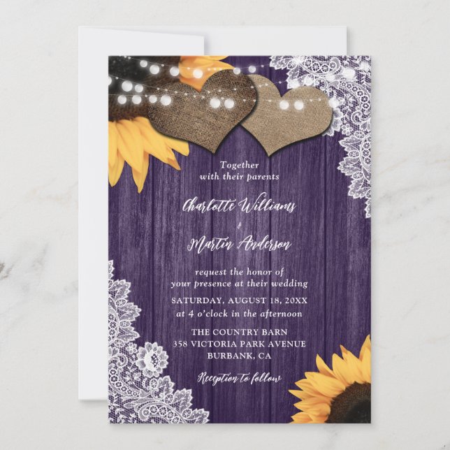 Invitación Romántico Boda de girasol floral de madera morada (Anverso)