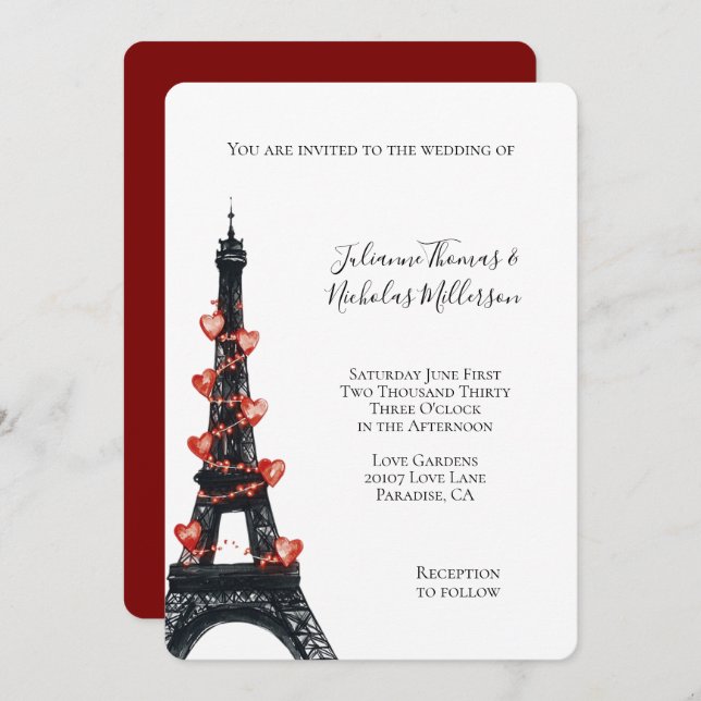 Invitación Romántico Boda de la Torre Eiffel de los corazones (Anverso / Reverso)