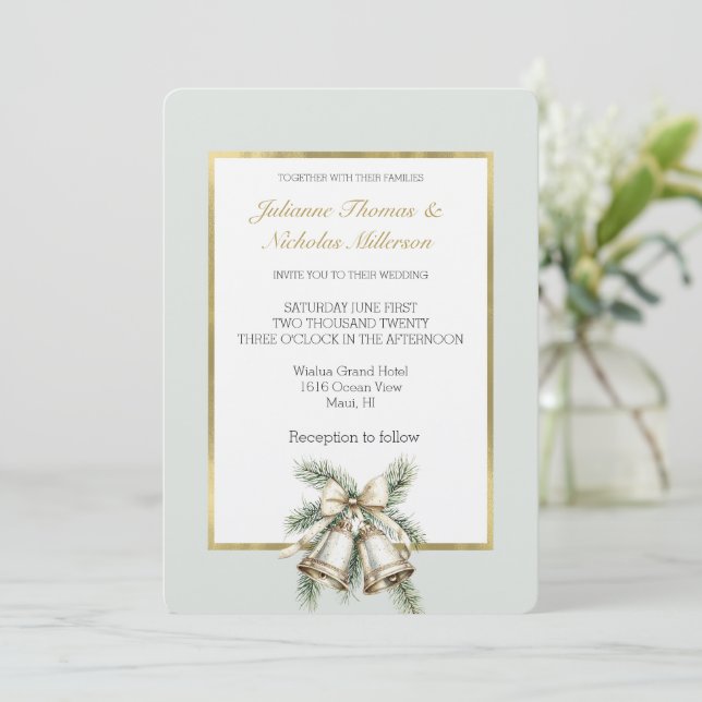 Invitación Romántico Boda de las campanas rojas de oro blanco (Anverso de pie)
