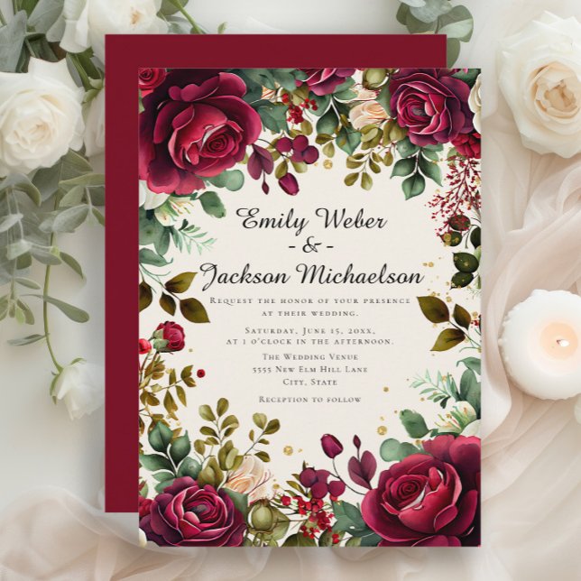 Invitación Romántico Boda de Lujo Floral de Borgoña (Elegant red burgundy roses and greenery wedding invitation)