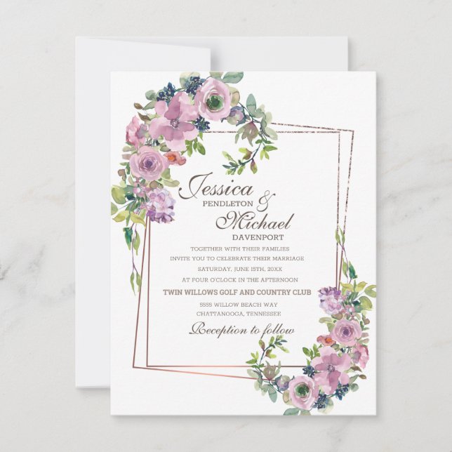 Invitación Romántico Boda de marco dorado de lavanda Rubor (Anverso)
