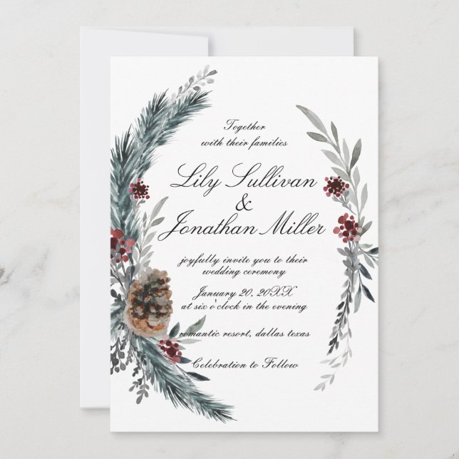 Invitación Romántico Boda de marco floral de pino de invierno (Anverso)
