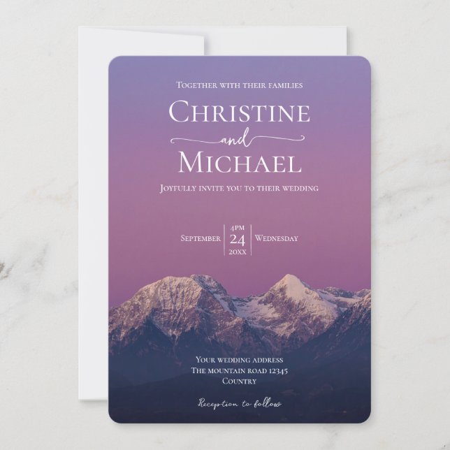 Invitación Romántico boda de montañas nevadas púrpura (Anverso)