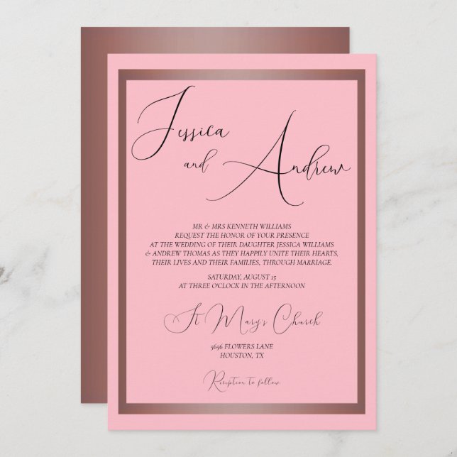 Invitación Romántico Boda de oro rosa y Rosa (Anverso / Reverso)