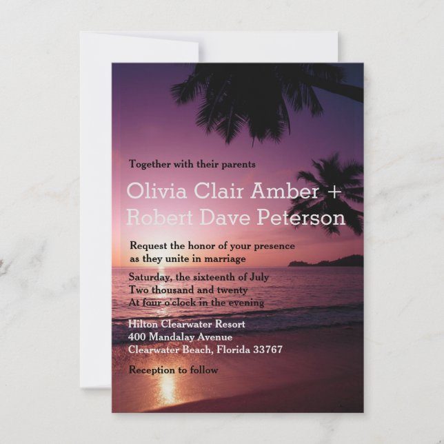 Invitación Romántico Boda de Palmeras Atardeceradas de Playa  (Anverso)